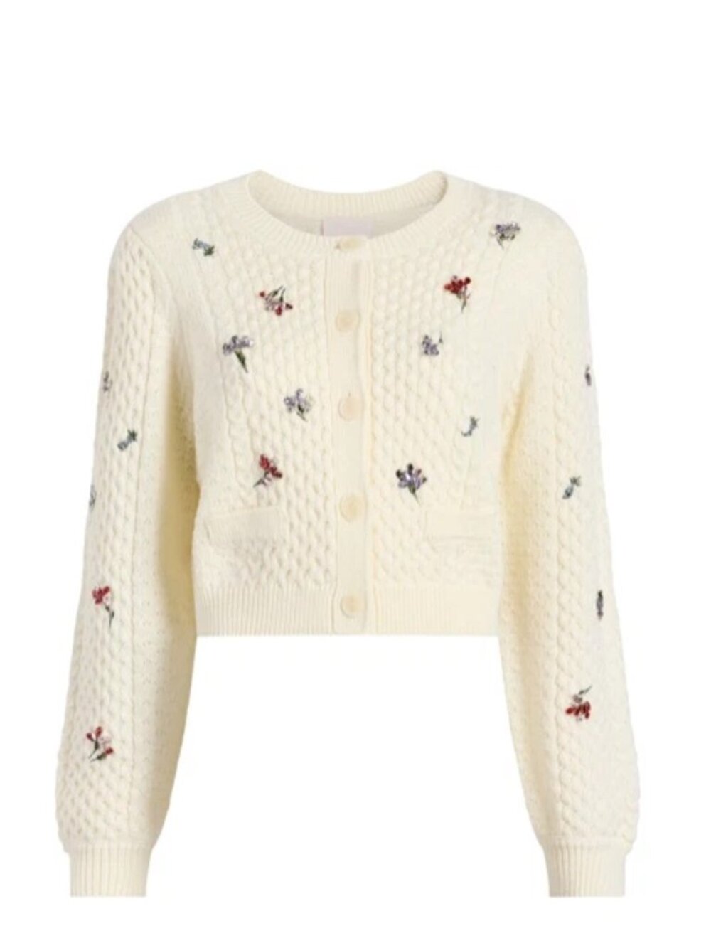 Cinq a Sept Ecru Cable-Knit/Crystal Floral Detail Rasa Cardigan Sweater - SMALL